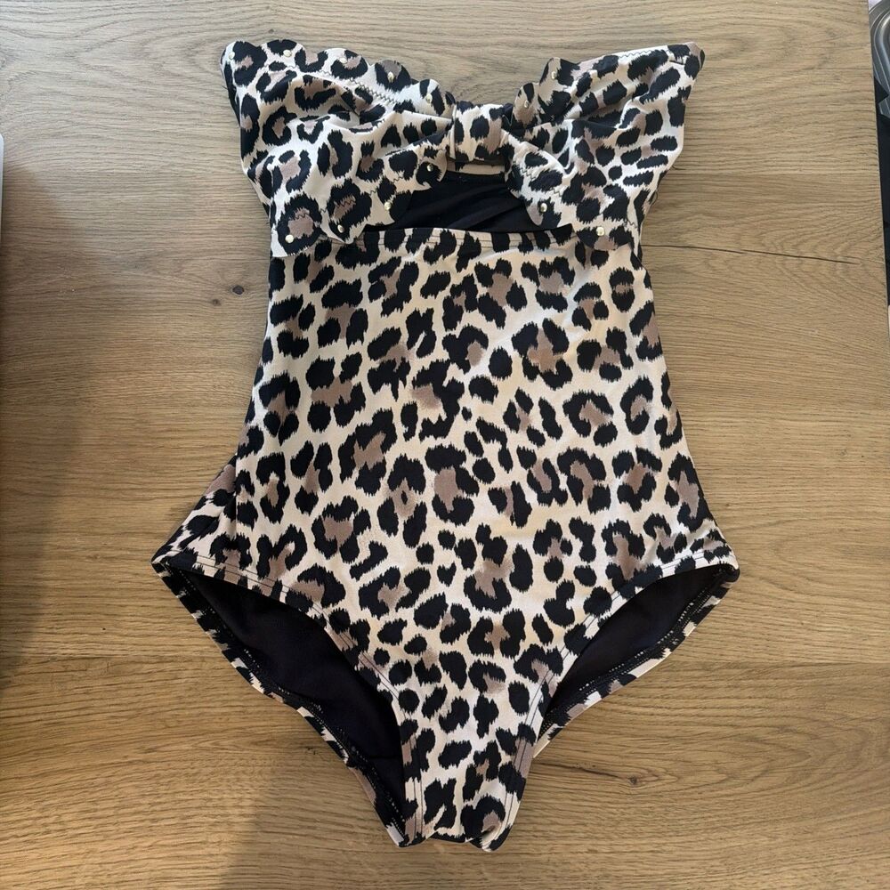 Kate Spade Woman's One Piece Swimsuit Bandeau Scallops Cut Out Leapard Print XS